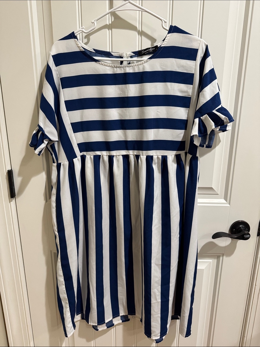 Women’s Navy & White Striped Casual Dress with Short Sleeves